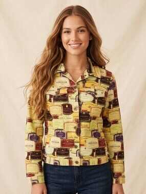 VTG Randy Kemper Champagne Wine Label Print Denim Style Jacket Size 10